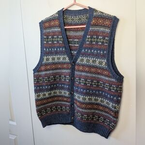 100% Wool VINTAGE Unisex Sleeveless Sweater 5 Buttons Closure Blue Red Green
